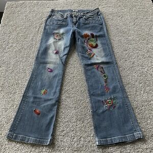STYLE Jeans Womens 10 Blue Bootcut Denim Floral Embroidered Bird Pockets Casual